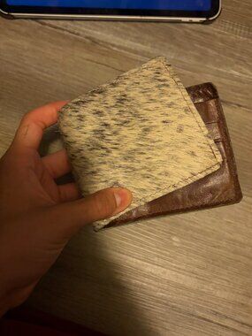 brown and cream cow fur faux leather wallet ok condition bifold picture and card